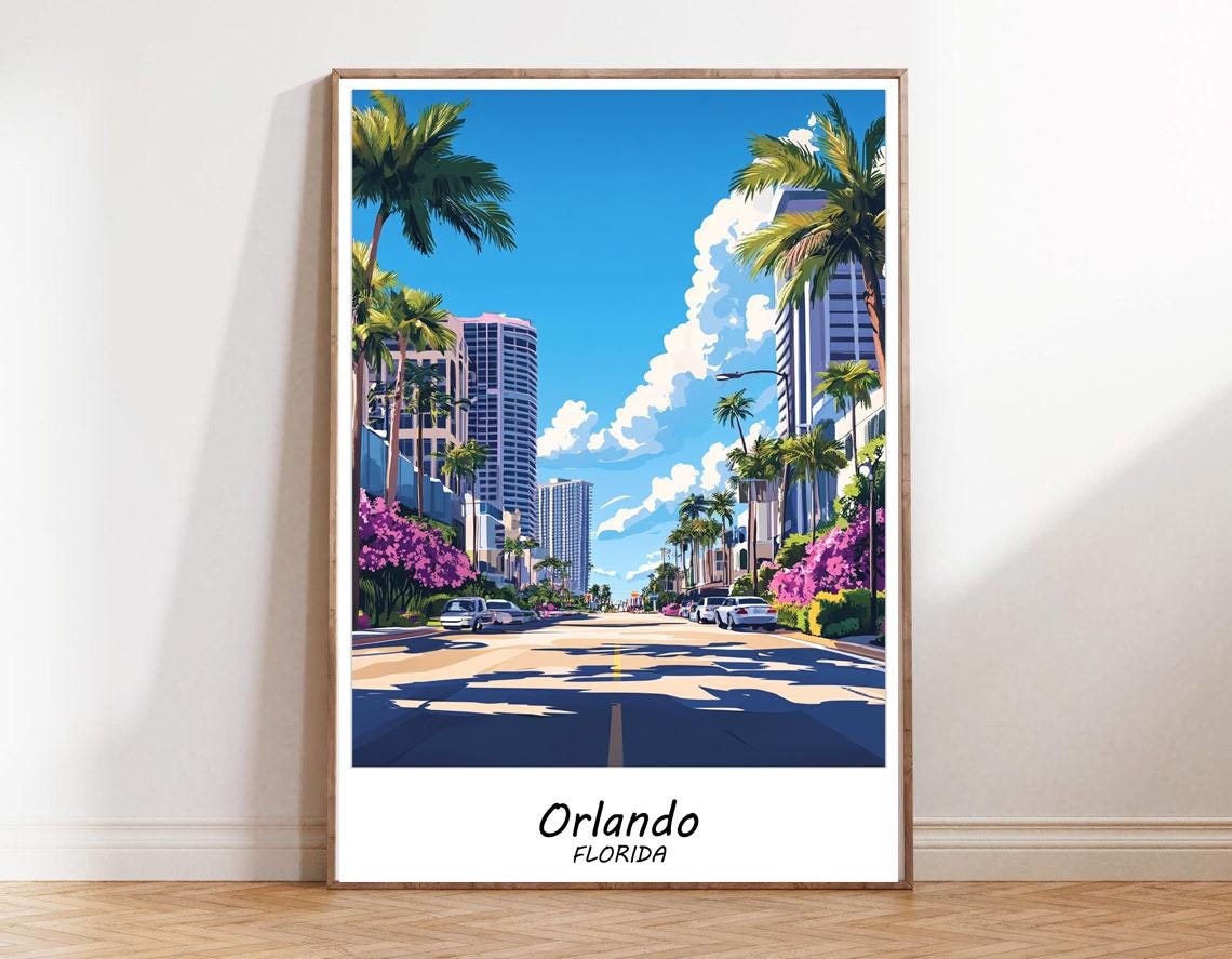 Orlando Florida Downtown Skyline Palm Trees City Travel Poster - Image 2