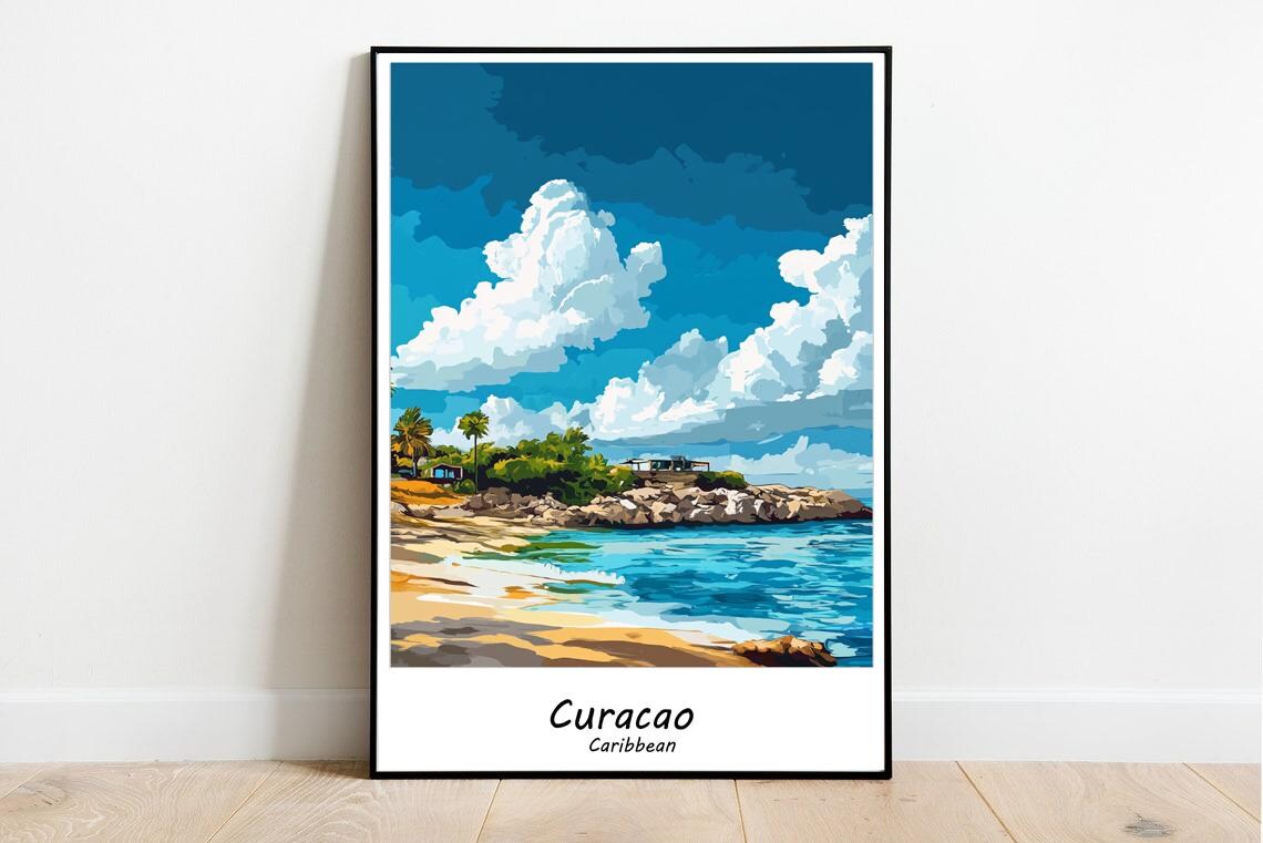 Sunny Curacao Caribbean Turquoise Bay Rocky Shore Travel Poster - Image 3