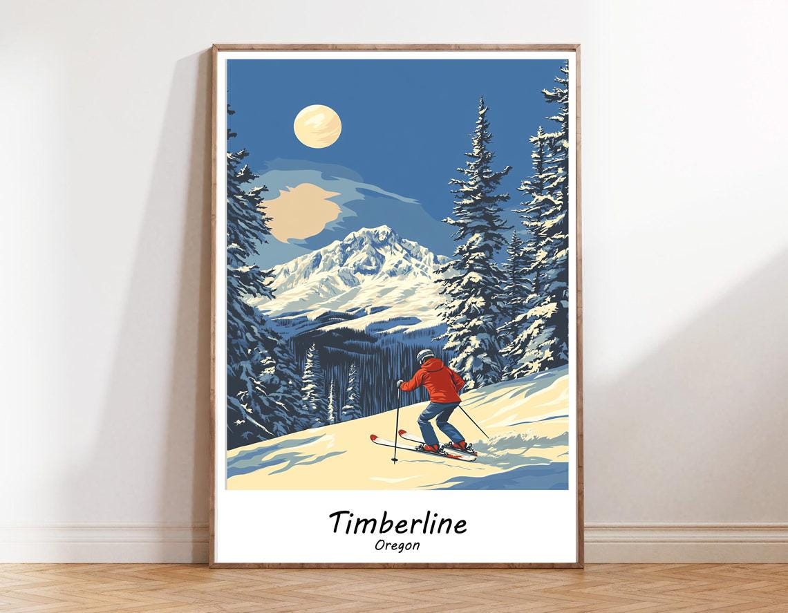 Timberline Oregon Skier Downhill Snowy Pines Ski Travel Poster - Image 3
