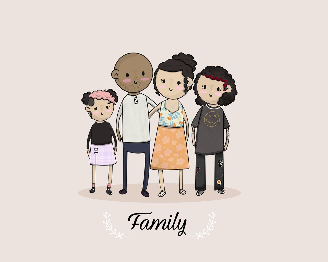 Custom Cartoon Family of Four Portrait with Happy Dog Poster