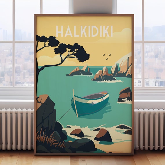 Halkidiki Retro Travel Poster, Greece Travel Print