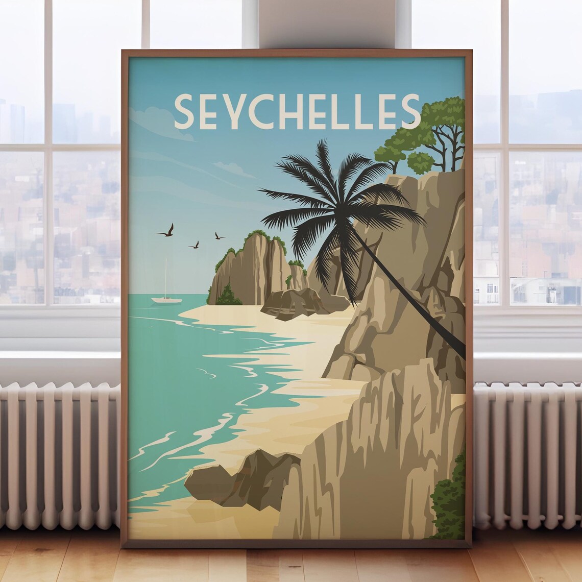 Seychelles Retro Travel Poster, Island Destination Art Print