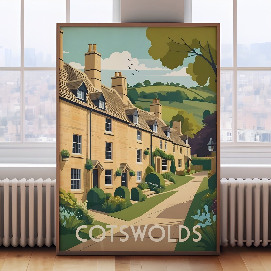 Cotswolds England Stone Cottage Village Street Travel Poster