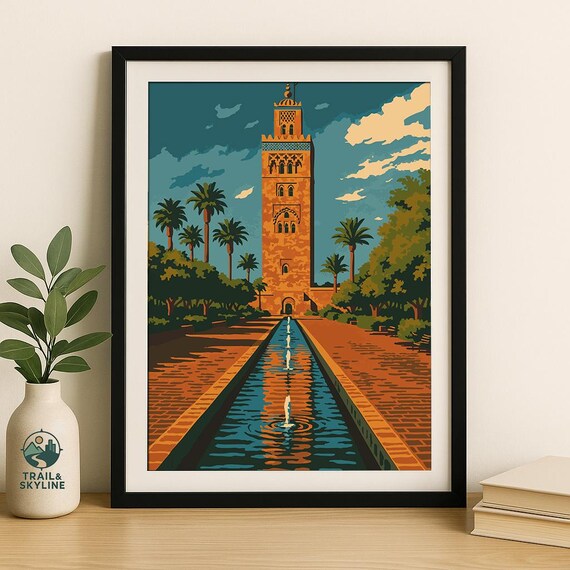 Koutoubia Mosque Marrakech Morocco Vintage Travel Art Poster