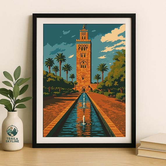 Marrakech Koutoubia Mosque Tower Print Vintage Moroccan Travel Poster