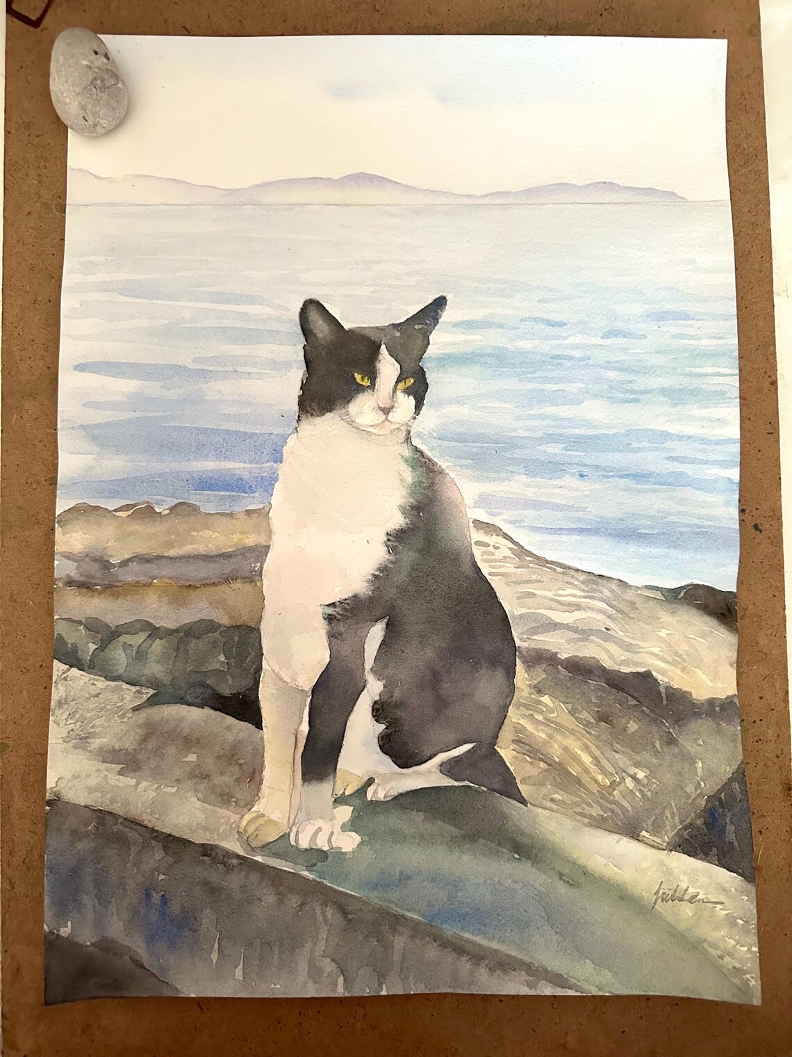 Black and White Tuxedo Cat by the Sea Watercolor Pet Portrait Poster - Image 6