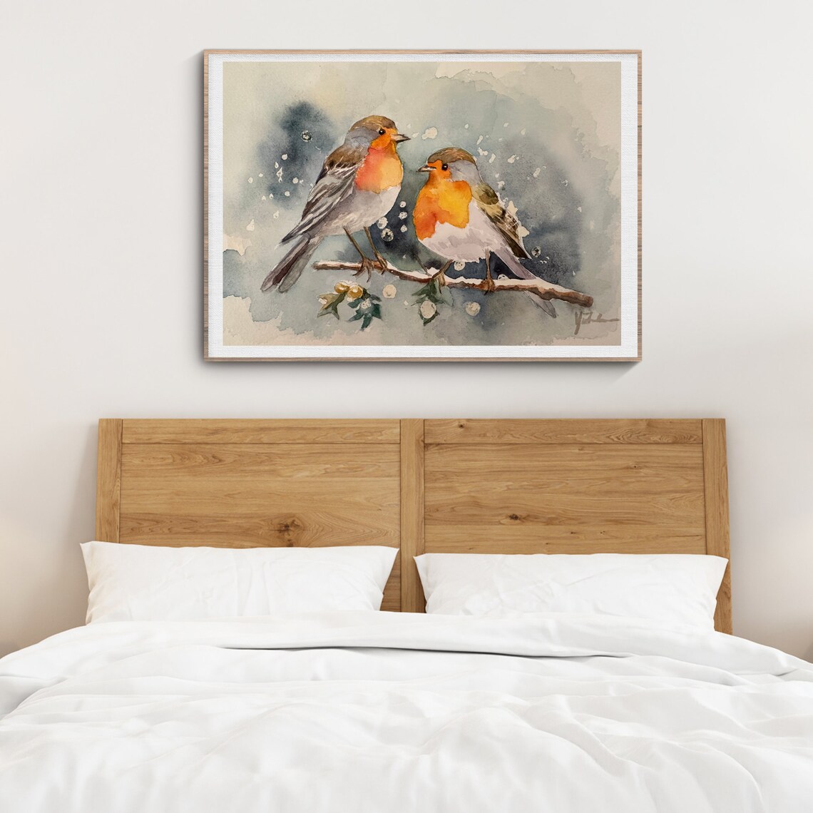 Pair of Robins in Winter Snow Watercolor Christmas Bird Poster - Image 5