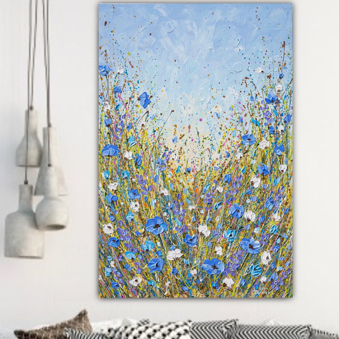 Blue Flower Field Painting Impasto Textured Wildflower Meadow Wall Art