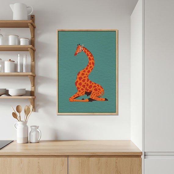 Orange Spotted Giraffe Sitting On Teal Background Nursery Wall Art