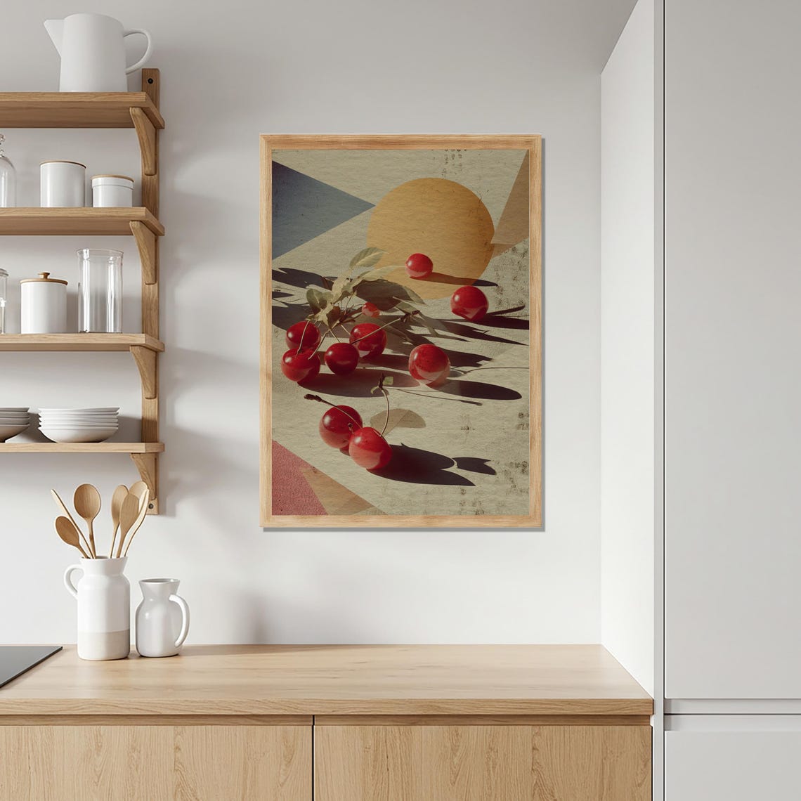 Sunlit Red Cherries Against A Geometric Sun Modern Kitchen Poster