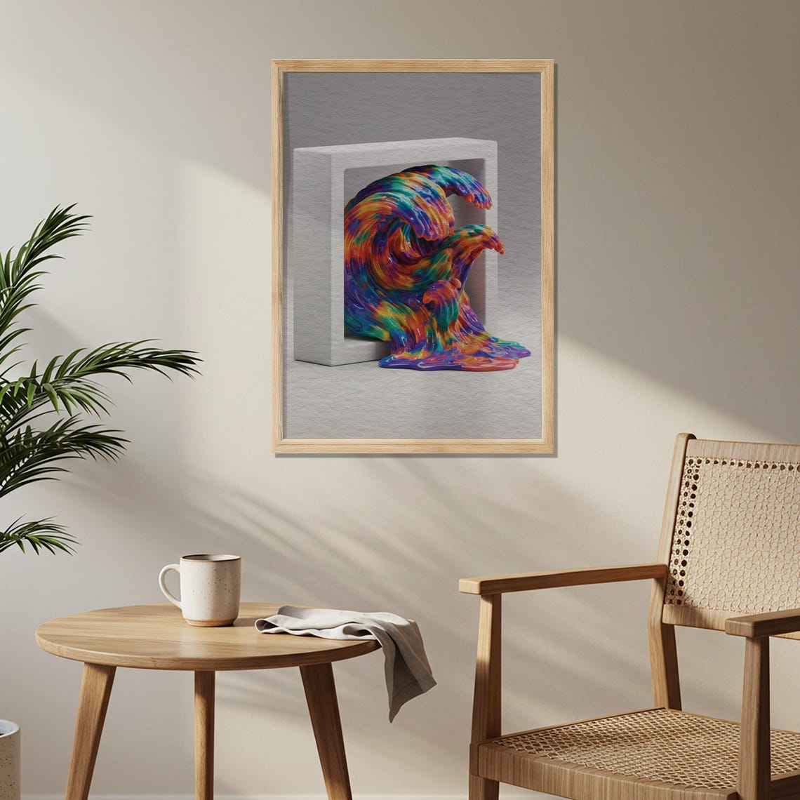 Vibrant Rainbow 3D Liquid Paint Wave Bursting Out Abstract Art Poster