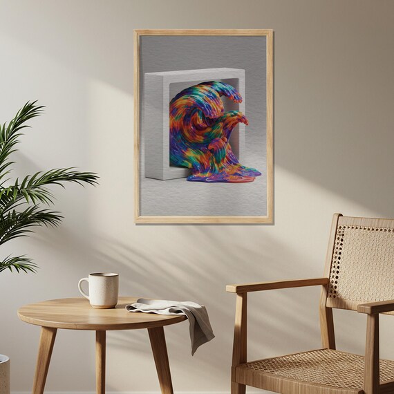 Colorful Abstract Wave Wooden Poster 3d Liquid Paint Texture Art Flowing Shape Design Bold Print On Wood For Contemporary Spaces