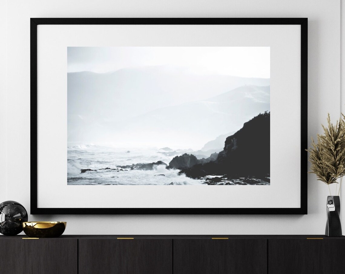 Black White Ocean Waves Rocky Coast Misty Sea Photography Poster