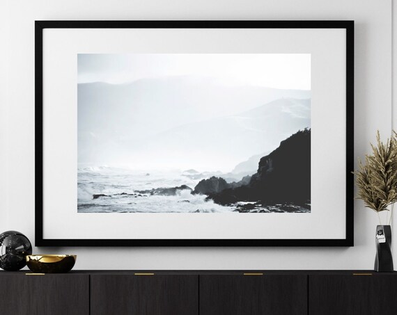 Black White Ocean Waves Rocky Coast Misty Sea Photography Poster
