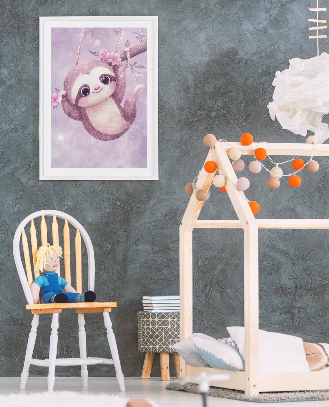 Cute Sloth On Branch With Blossoms Purple Dreamy Nursery Poster - Image 3