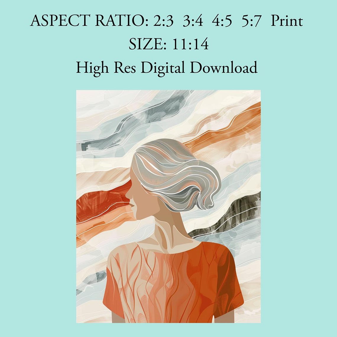 Abstract Woman Profile Teal Coral Watercolor Modern Art Poster - Image 4