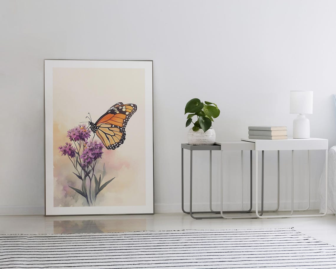 Monarch Butterfly Perched on Purple Flowers Watercolor Poster - Image 2