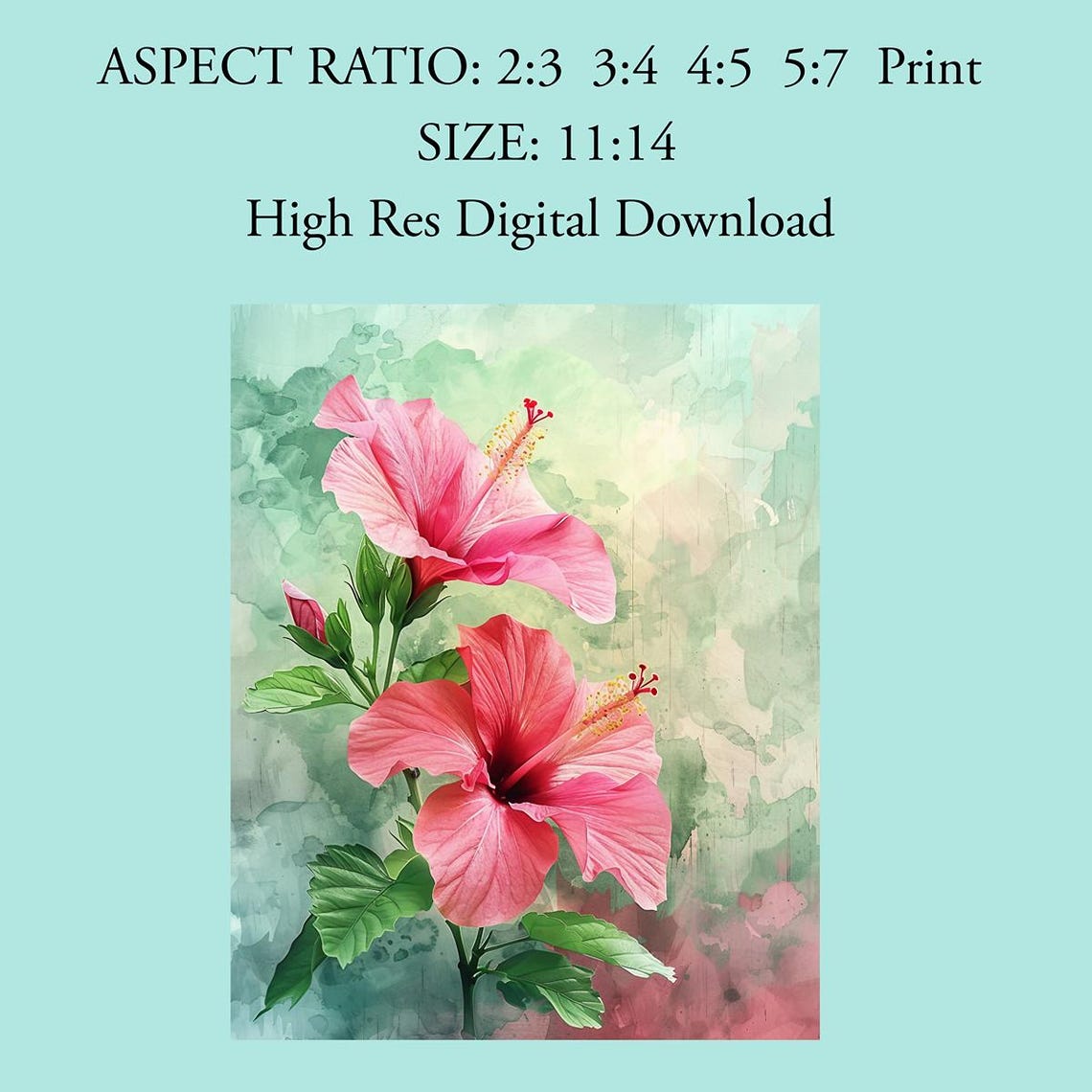 Pink Hibiscus Blossoms Watercolor Tropical Floral Garden Poster - Image 4