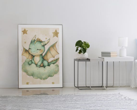 Cute Dragon Wall Art Print Kawaii Watercolor Cloud Decor Nursery Art Baby Dragon Poster Whimsical Celestial Gift
