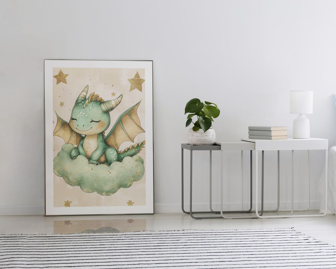 Cute Baby Dragon Sleeping On Mint Cloud Celestial Nursery Poster