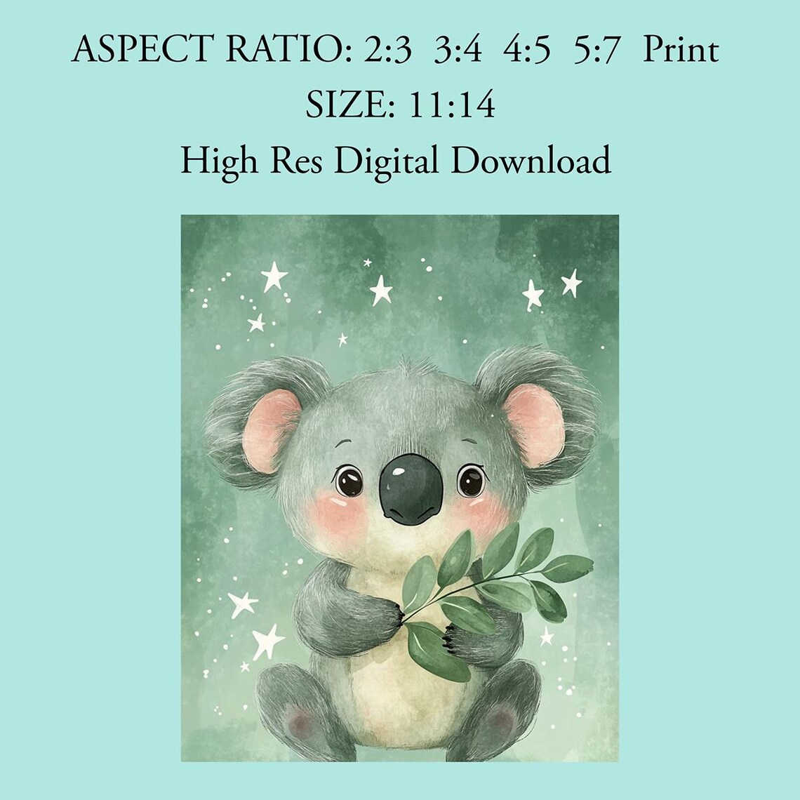 Cute Koala Holding Eucalyptus Starry Green Nursery Art Poster - Image 3