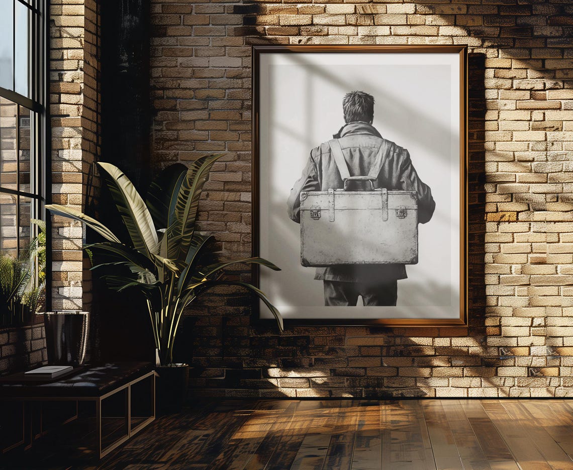 Mysterious Traveler Walking Away With Vintage Suitcase Back Poster - Image 3