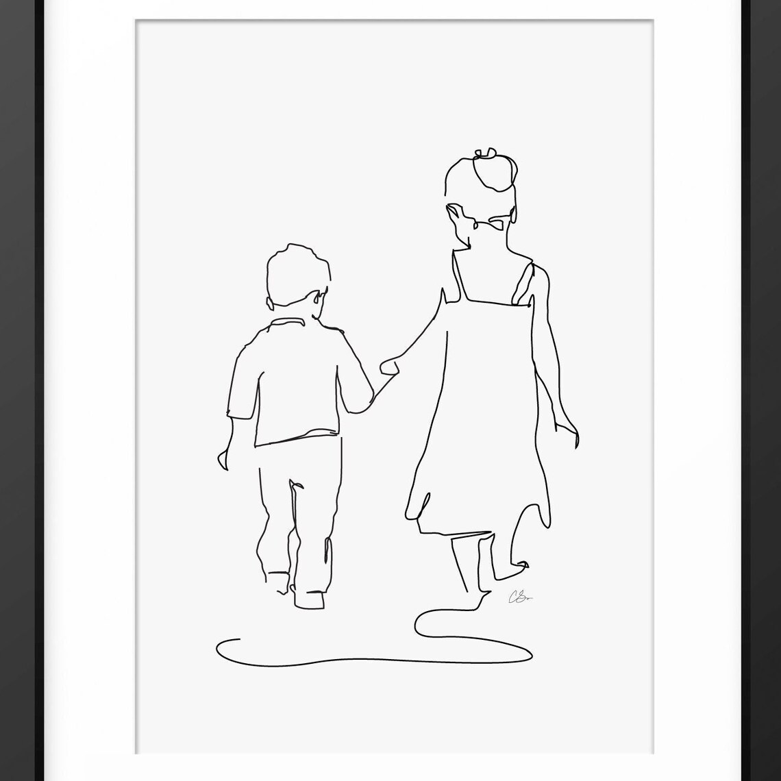 Big Sister Holding Little Brother Hand Walking Away Line Art Poster