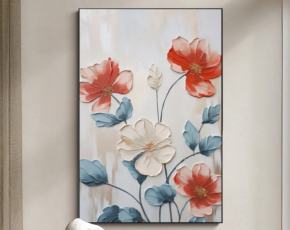 Red And Cream 3D Impasto Flowers With Blue Leaves Art Poster