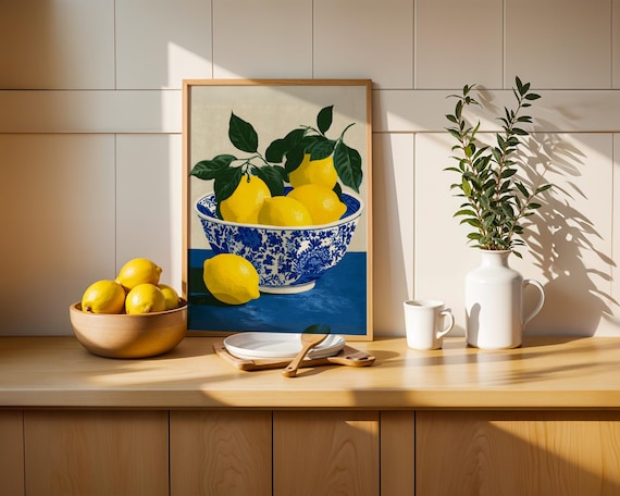 Fresh Yellow Lemons in Blue Chinoiserie Porcelain Bowl Kitchen Poster