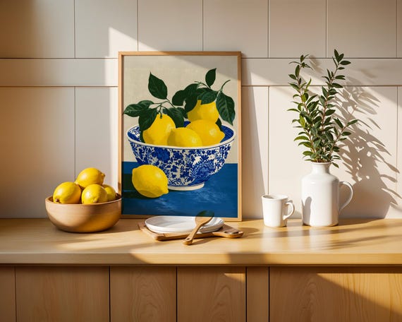 Lemon Wall Art Print Kitchen Botanical Illustration Blue Bowl Chinoiserie Matisse Inspired Dining Room