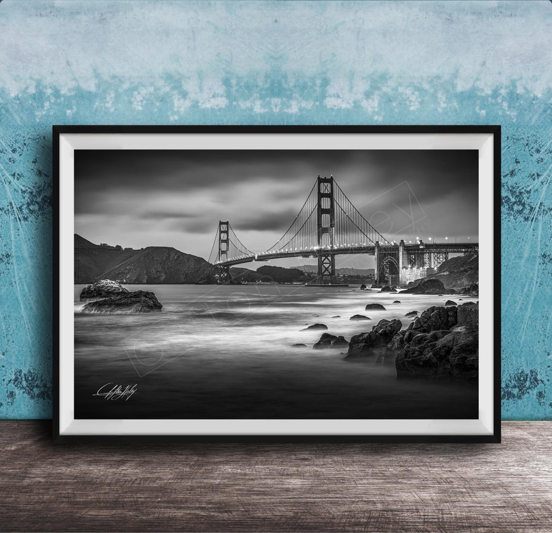 Golden Gate Bridge at Night Black and White Long Exposure Poster