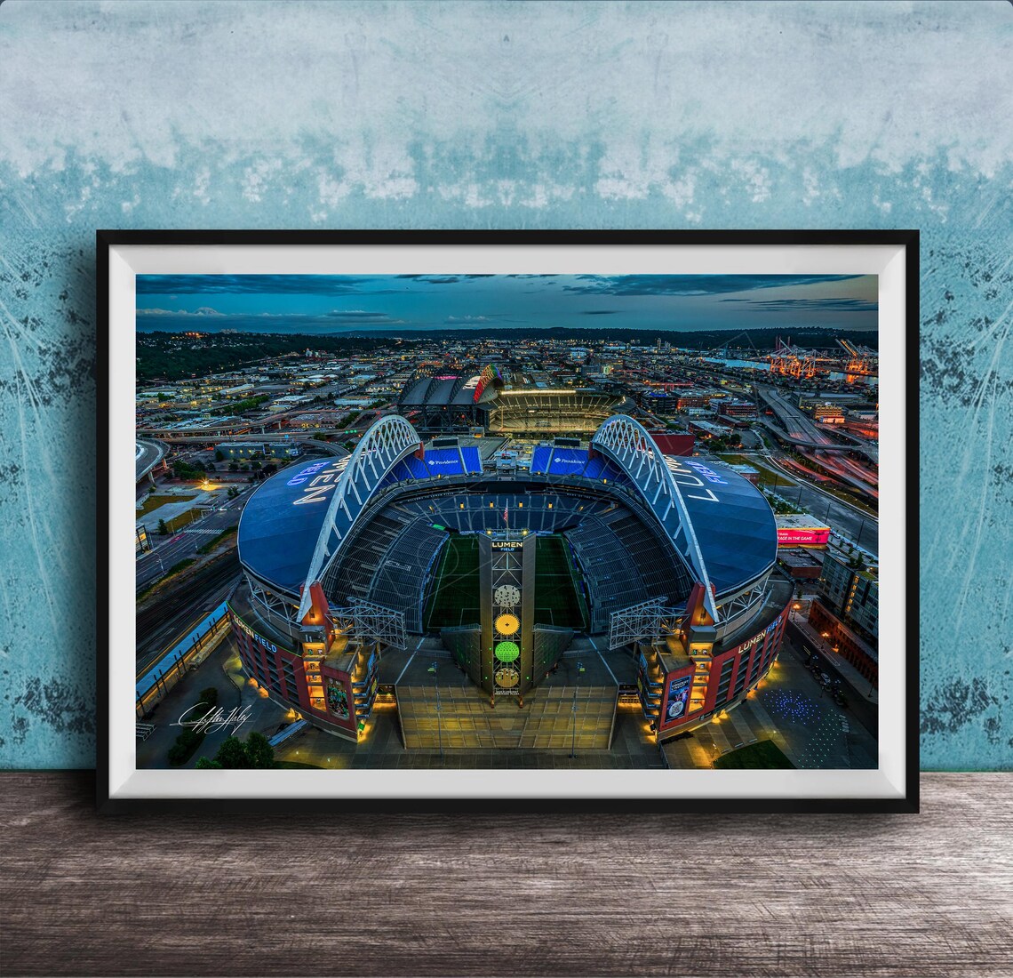 Lumen Field Seattle Stadium Aerial Dusk Skyline Photography Sports Wall Art