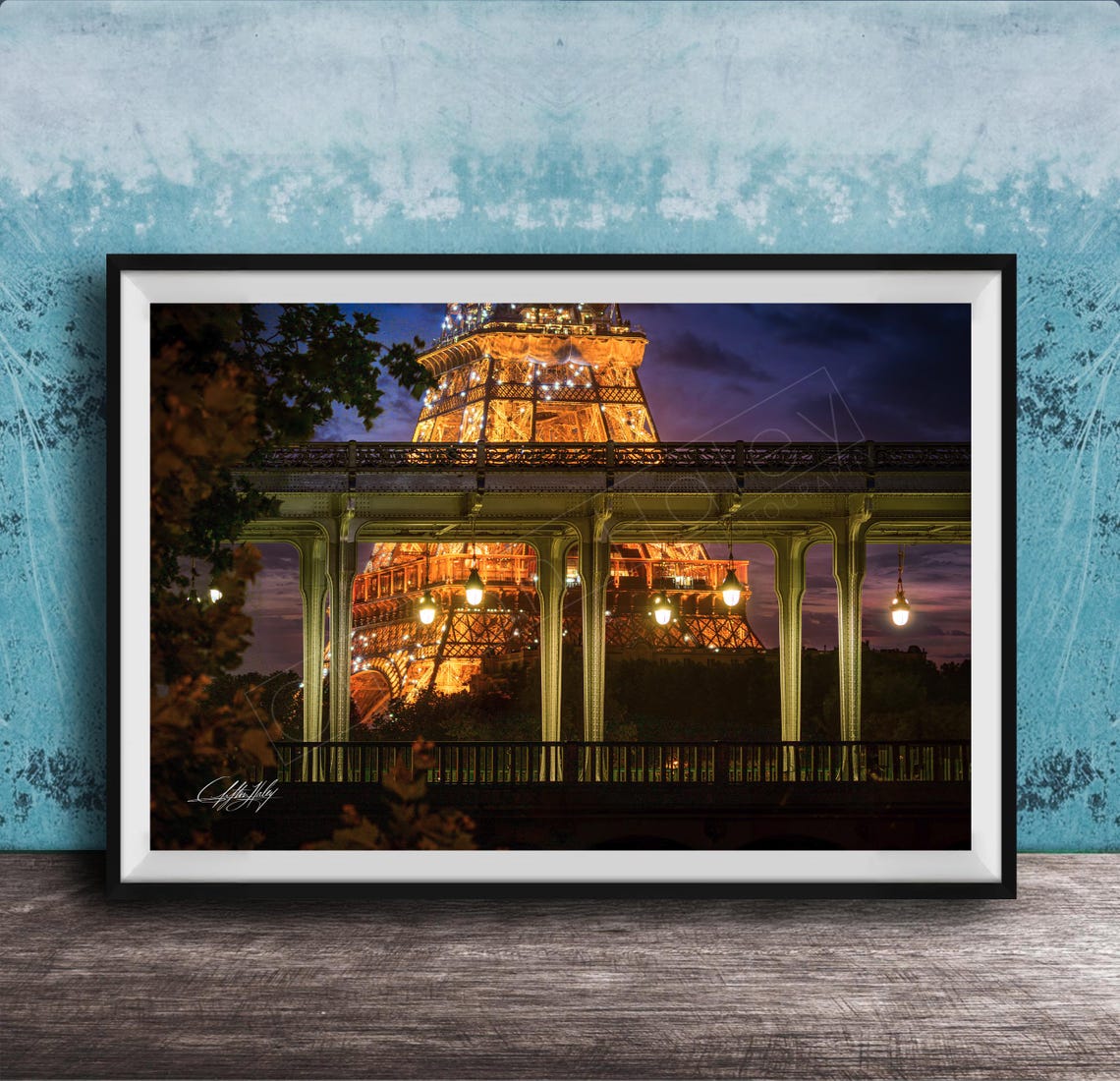 Eiffel Tower Lit Up at Night Through Bridge Arch Paris View Poster