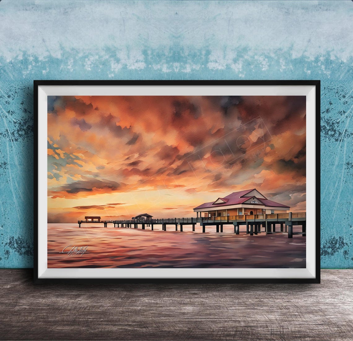 Clearwater Beach Pier 60 Sunset Watercolor Coastal Scene Poster