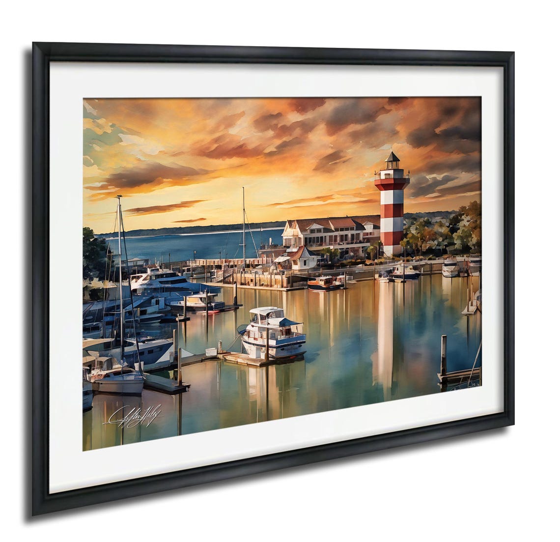 Harbor Town Lighthouse Marina Sunset Watercolor Coastal Poster