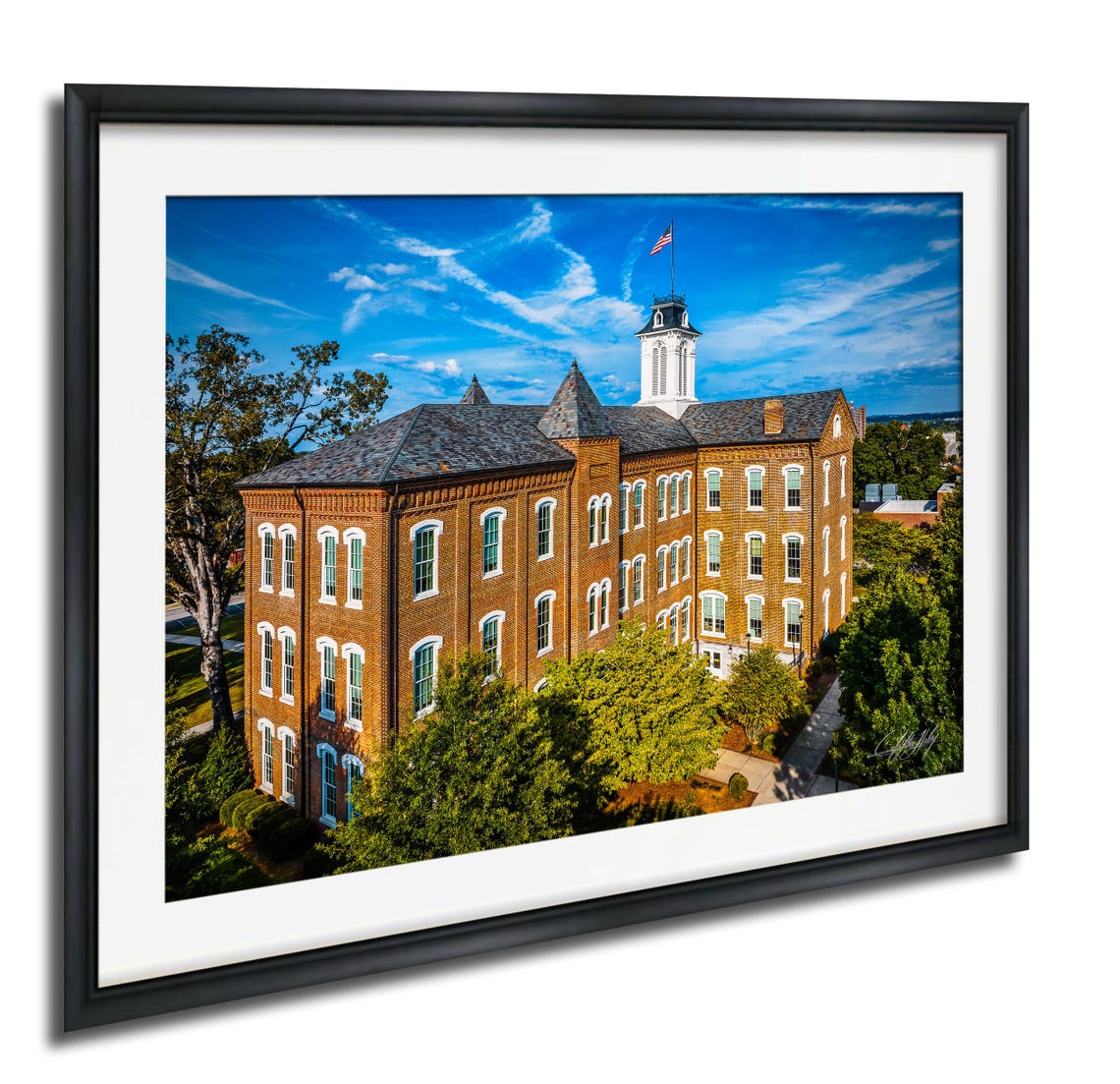 Historic Red Brick School Building White Cupola American Flag Poster