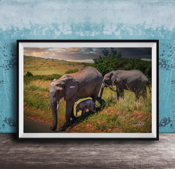 Baby Elephant Wall Art African Safari Family Scene Sunset Hues Print