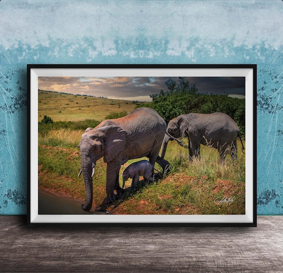 Elephant Family at Waterhole African Safari Mother and Baby Print