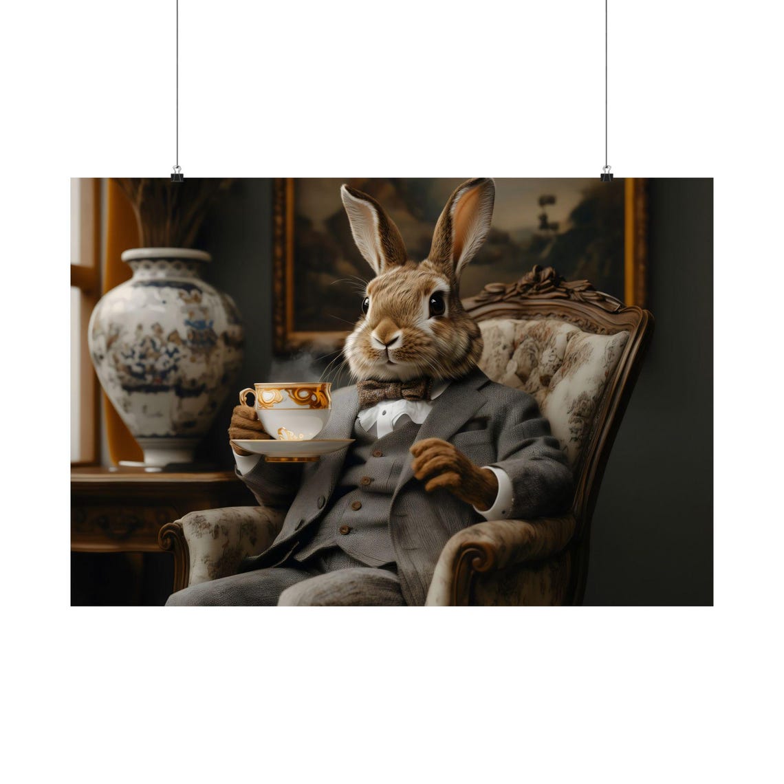 Dapper Rabbit in Suit Sipping Tea Vintage Style Animal Poster