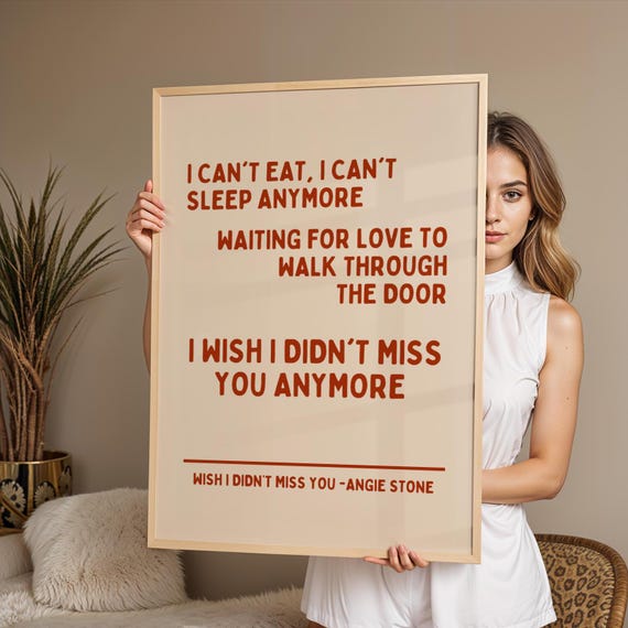 Wish I Didnt Miss You Angie Stone Inspired Print Beige And Red Lyric Ibiza Bold Typographic Colourful House Music Poster Groovy Disco