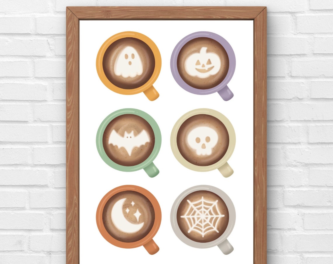 Six Halloween Latte Art Coffee Cups Ghost Pumpkin Skull Poster