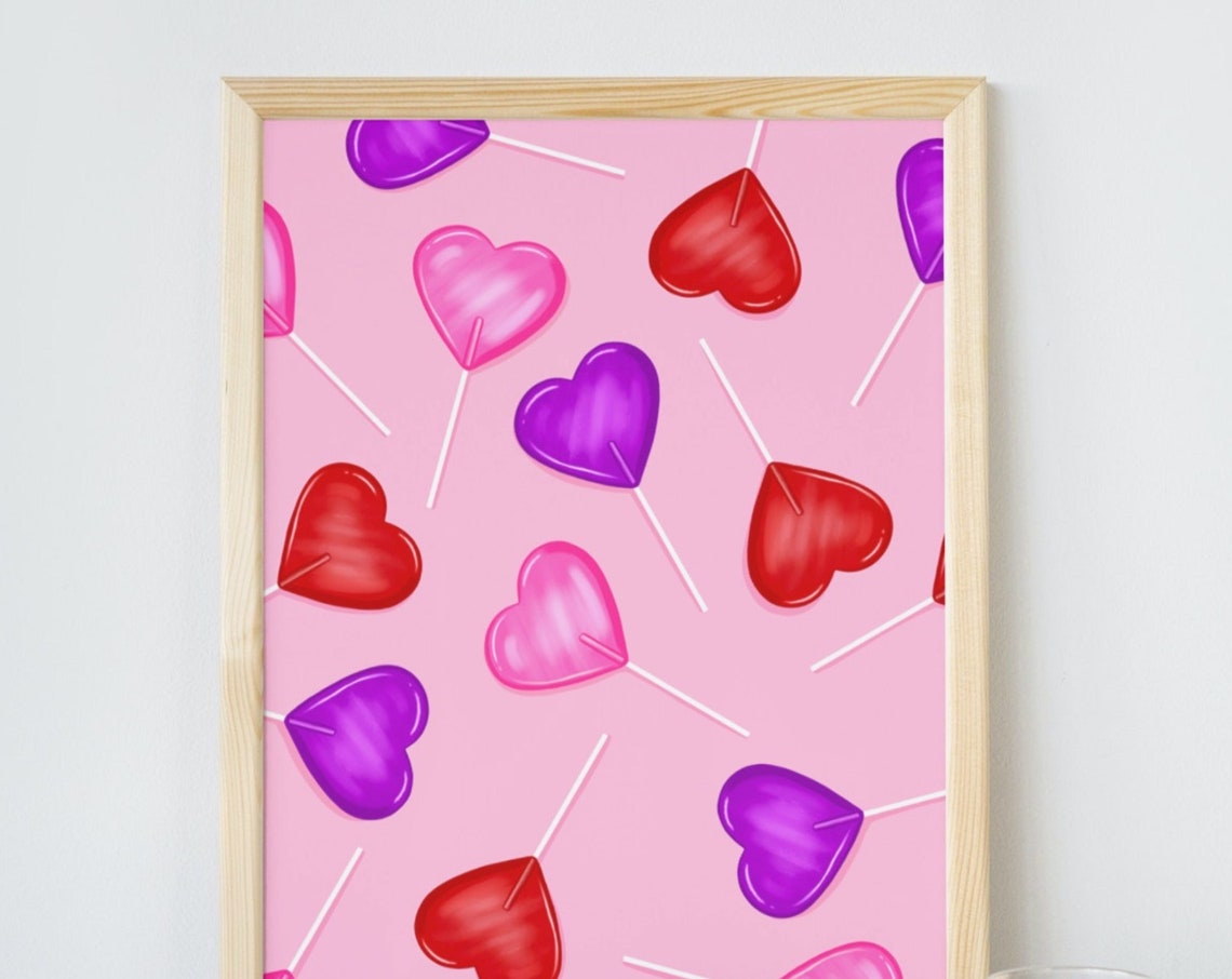Glossy Heart Lollipop Candy Pattern in Pink Valentine Poster