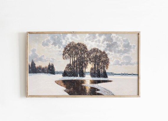Winter Snow Landscape Painting Pond Tree Reflections Cloudy Sky Poster