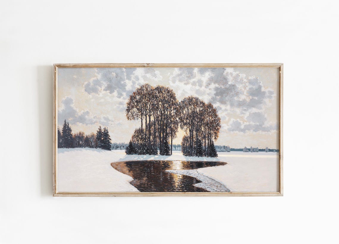 Winter Snow Landscape Painting Pond Tree Reflections Cloudy Sky Poster