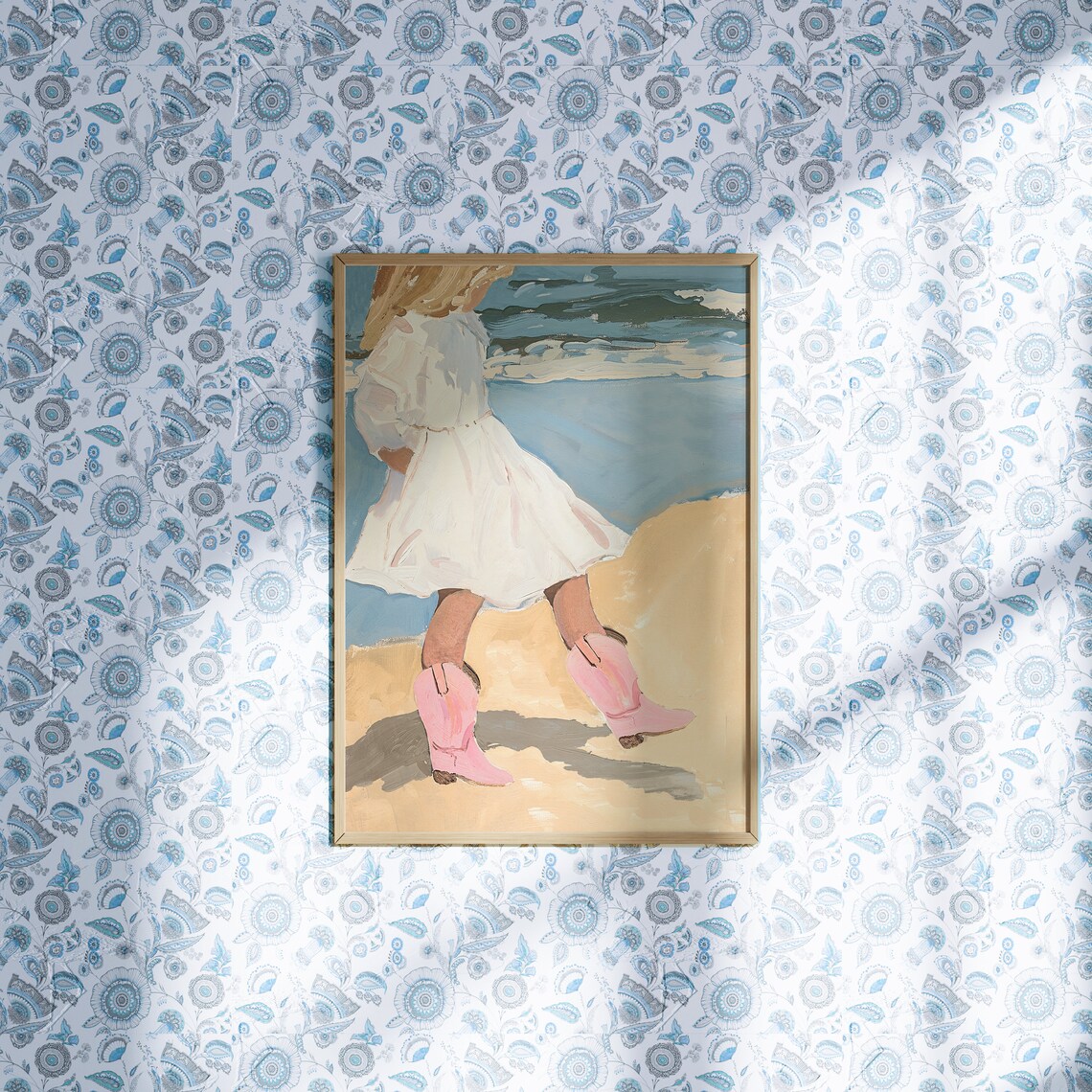 Girl in White Sundress with Pink Cowgirl Boots Beach Art Poster - Image 3
