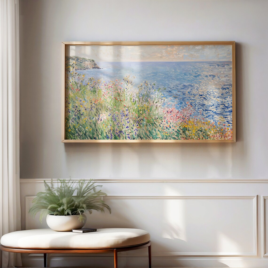 Coastal Wildflowers Over Blue Ocean Impressionist Seascape Wall Art - Image 4