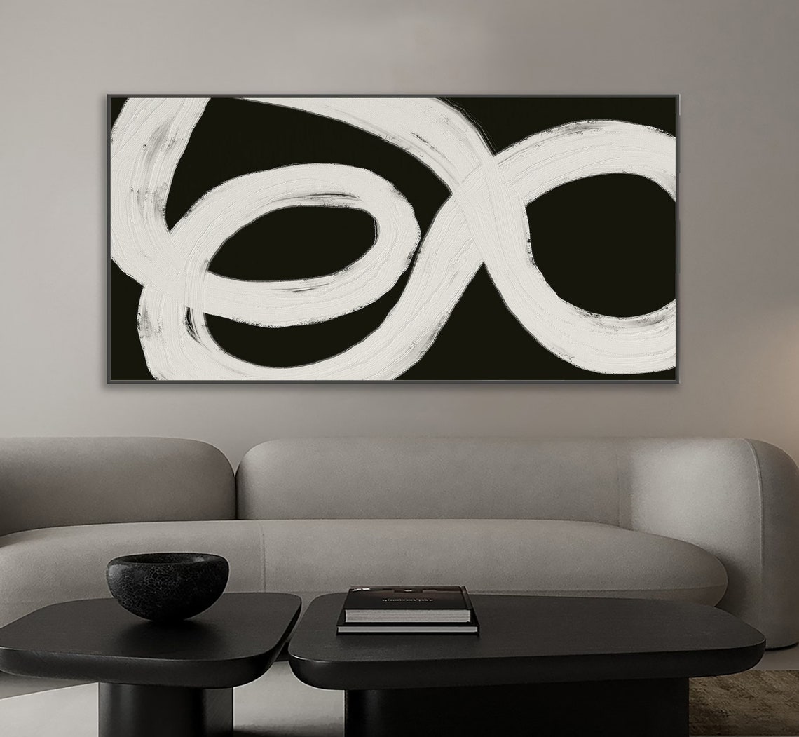 White Figure Eight Loops On Black Abstract Modern Art Poster - Image 4
