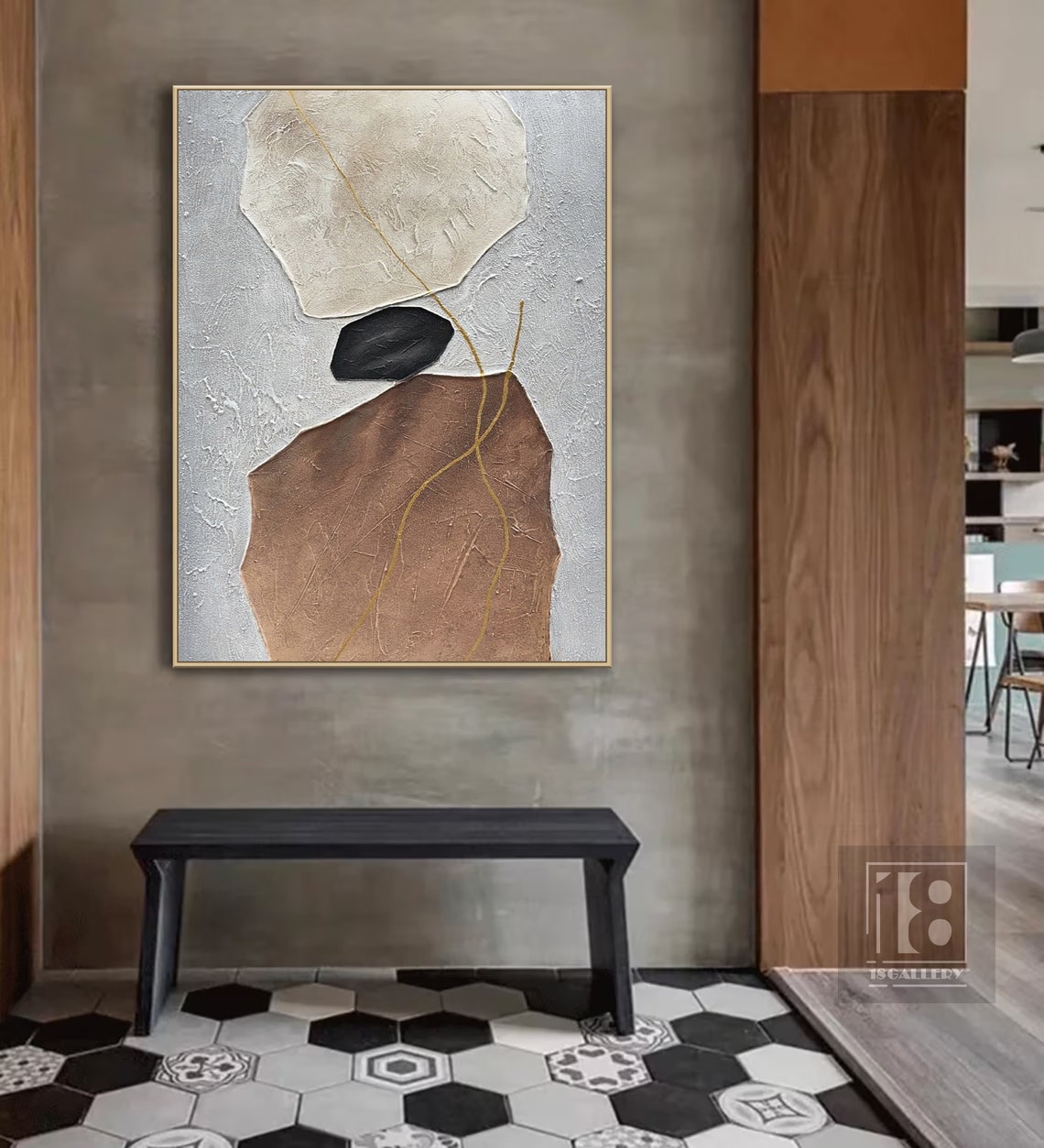 Cream Terracotta Black Pebble Shapes With Gold Lines Abstract Poster - Image 2
