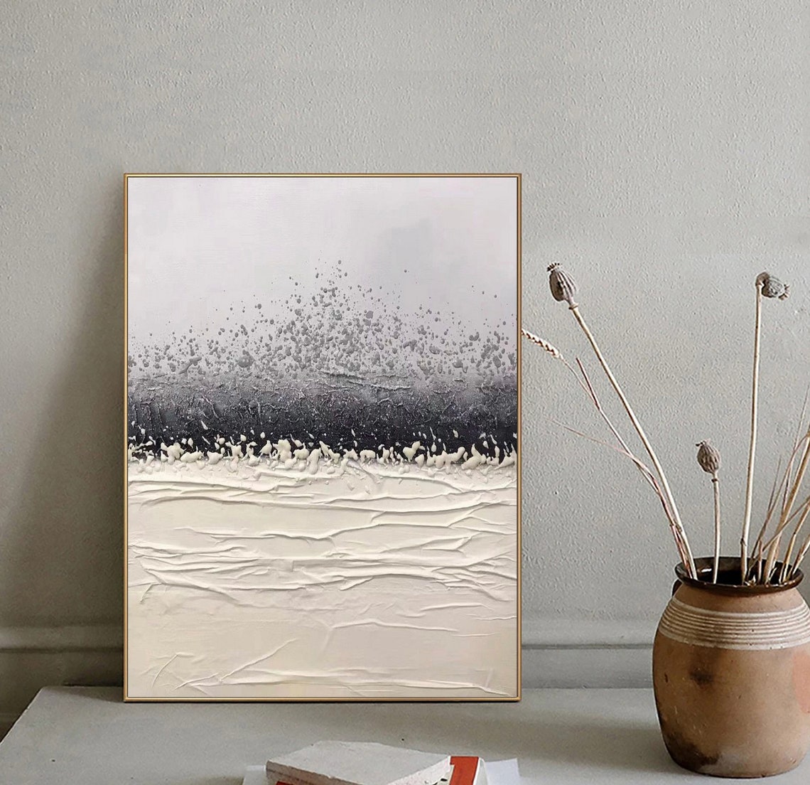 Stormy Black Band Over White Waves Textured Abstract Neutral Poster - Image 4