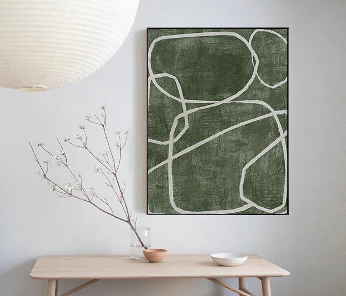 Green White Abstract Oil Painting On White Textured Painting Green Abstract Wall Art Wabisabi Wall Art Green Minimalist Painting - Image 3